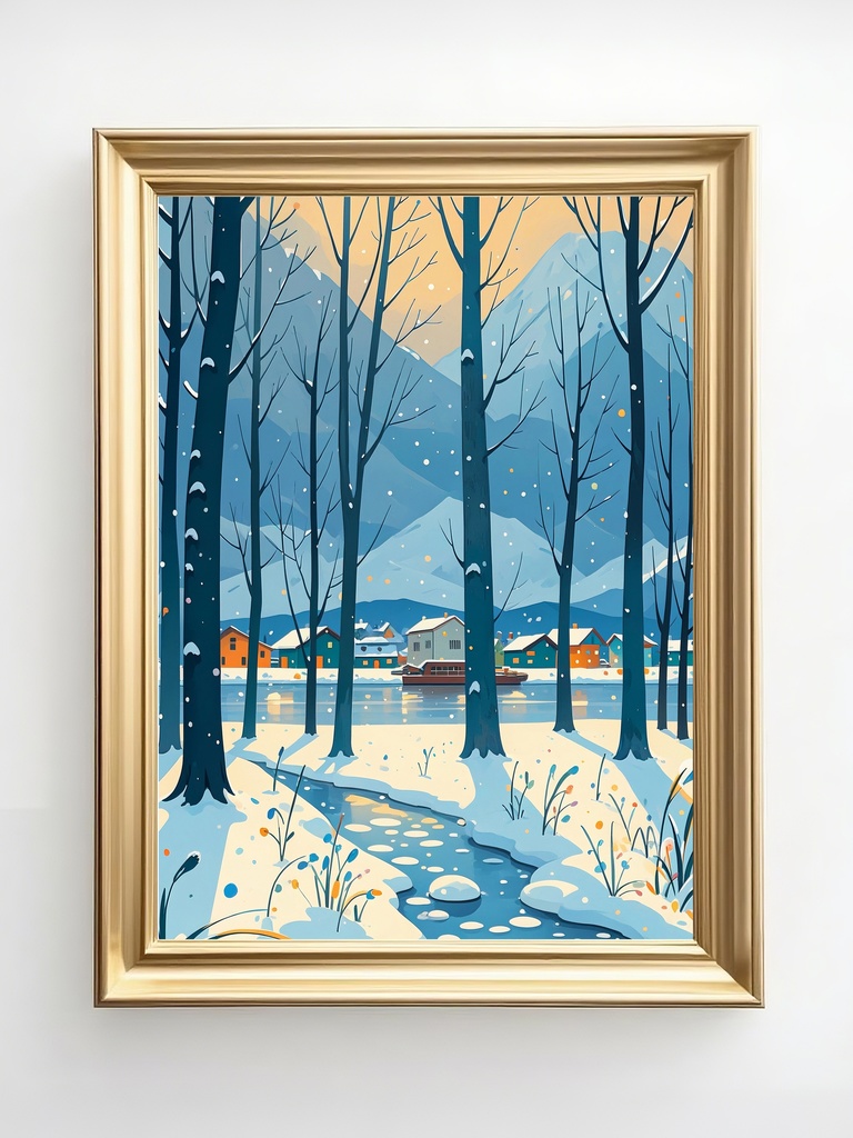 夕灯りの冬森の道