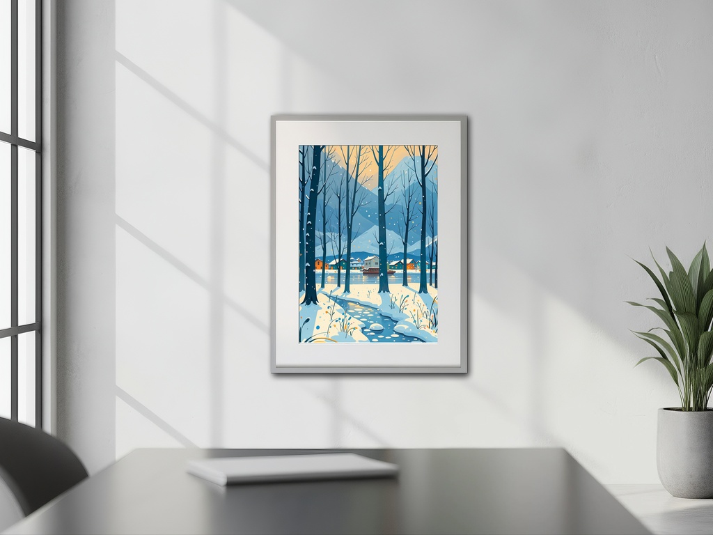 夕灯りの冬森の道