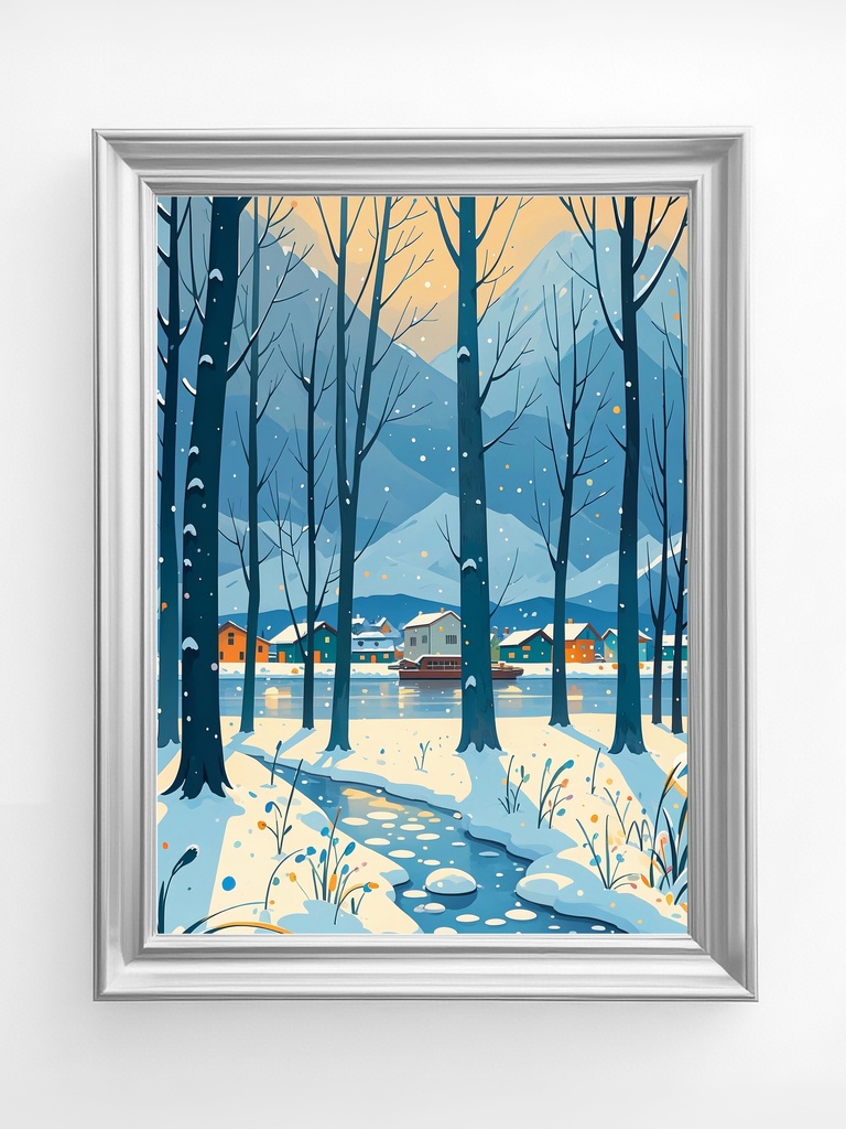 夕灯りの冬森の道