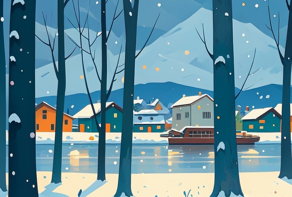 夕灯りの冬森の道