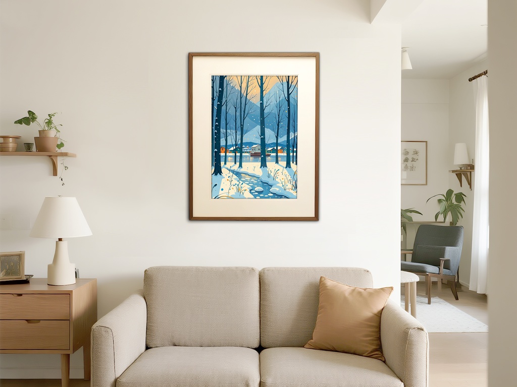 夕灯りの冬森の道