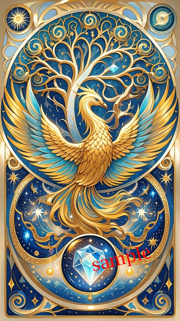 スマホ壁紙｜鳳凰と生命樹の浄化再生の開運アート｜風水・金運