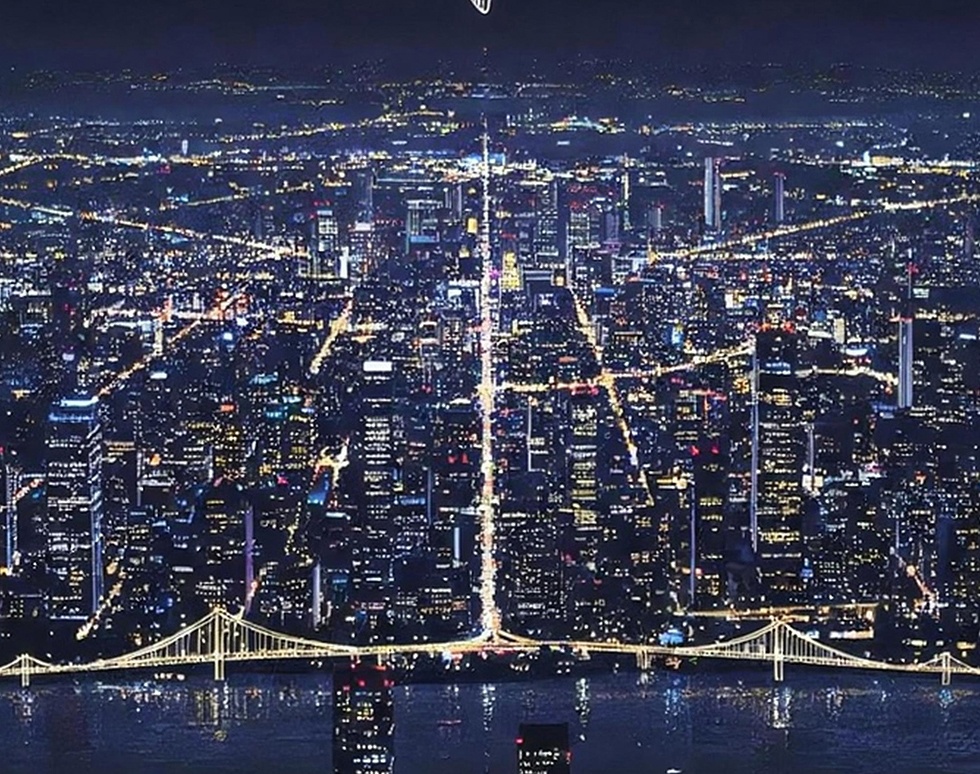 都市の夜空で見守る天使