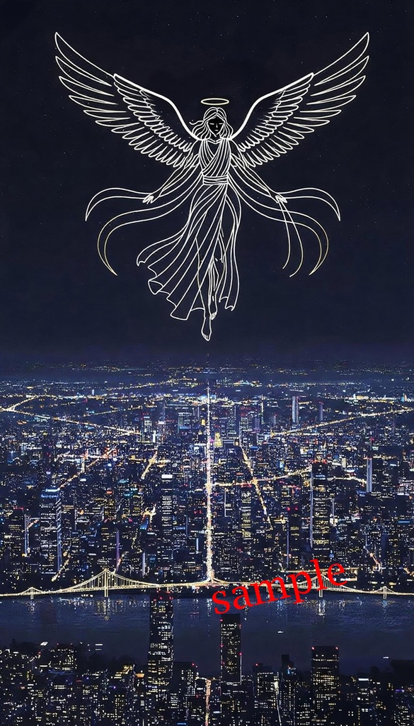 都市の夜空で見守る天使