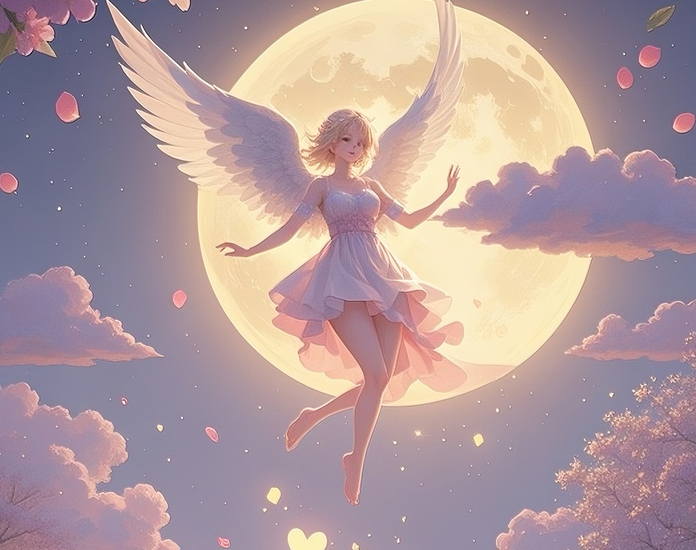 満月の光の中で舞い降りる天使