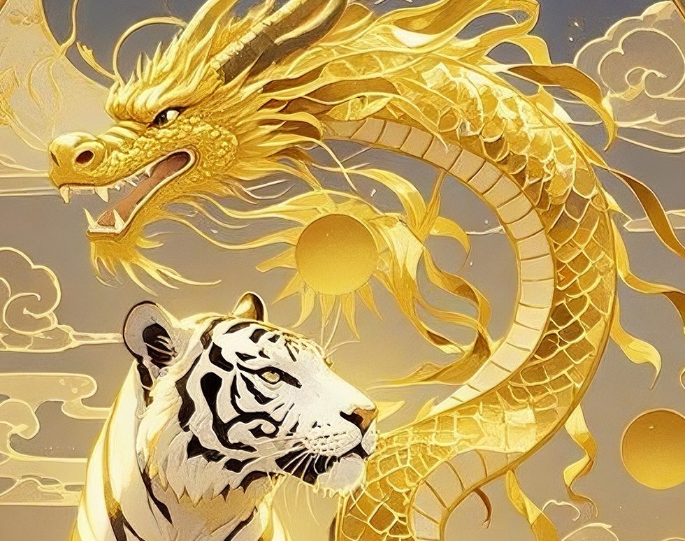 スマホ壁紙|富と成功を導く金龍と白虎|風水・金運・開運