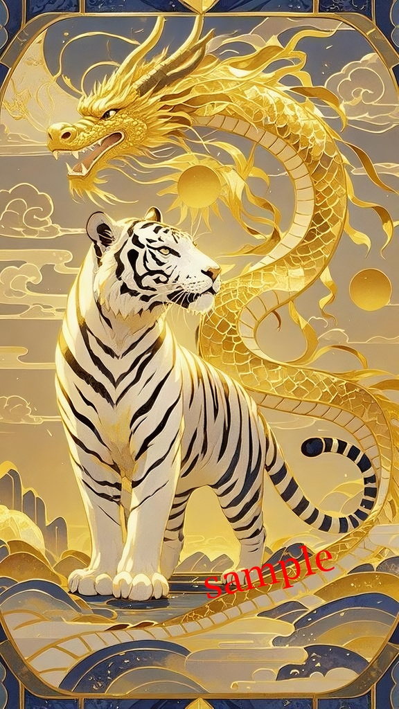 スマホ壁紙｜富と成功を導く金龍と白虎｜風水・金運・開運