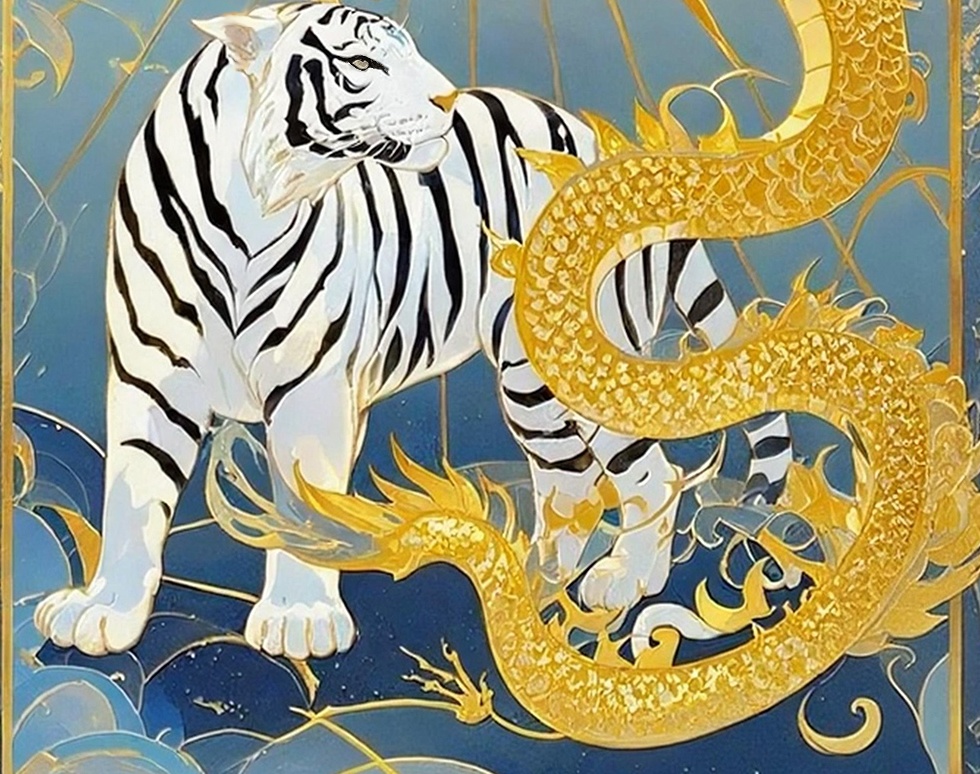 太陽を中心に巡る黄金龍と白虎