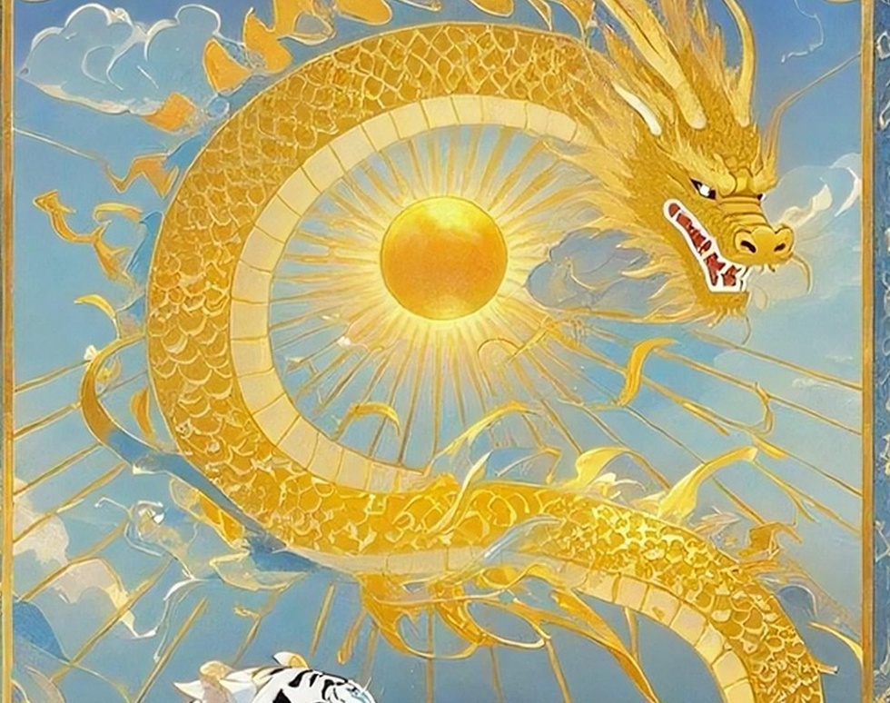 太陽を中心に巡る黄金龍と白虎