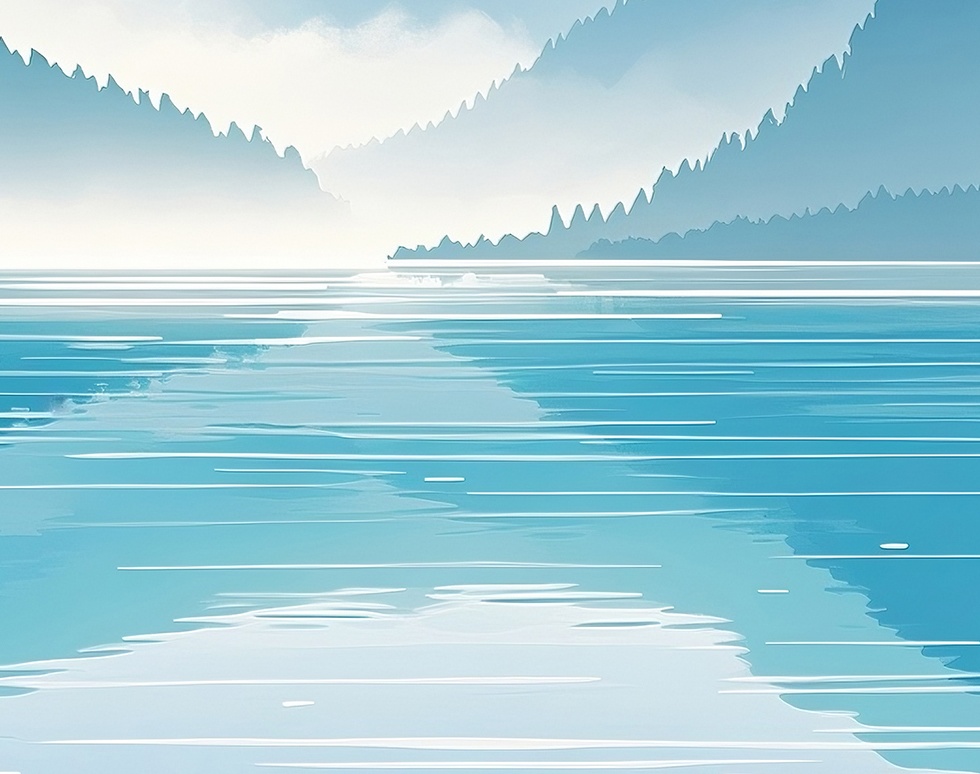 霧に包まれた山と湖畔