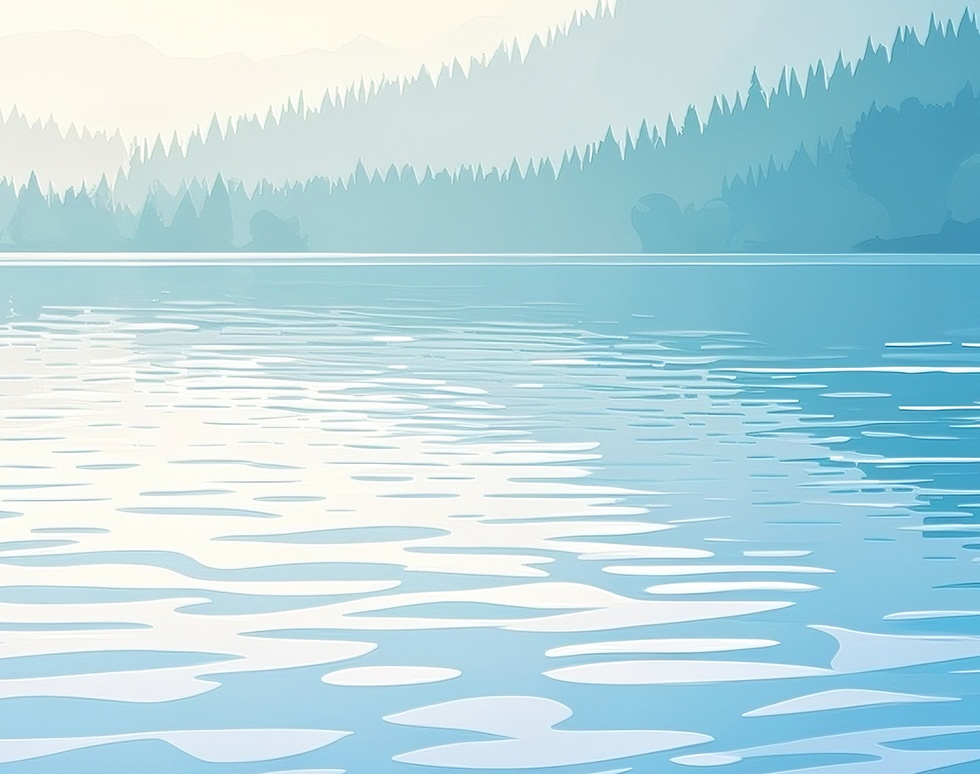 朝の光に輝く湖