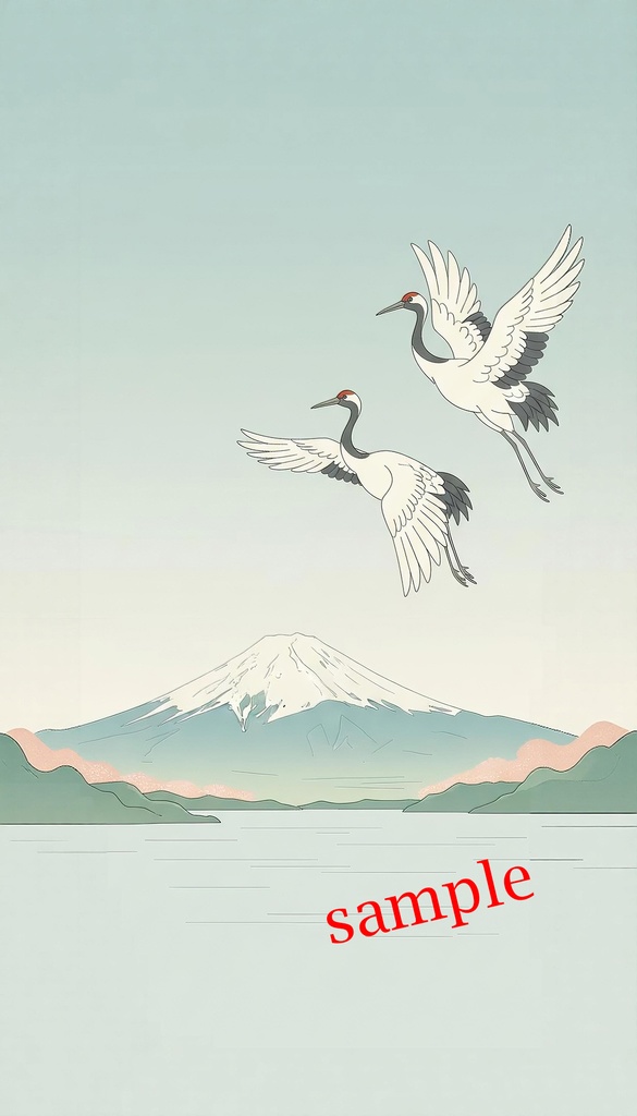 吉兆を運ぶ白鶴と富士山