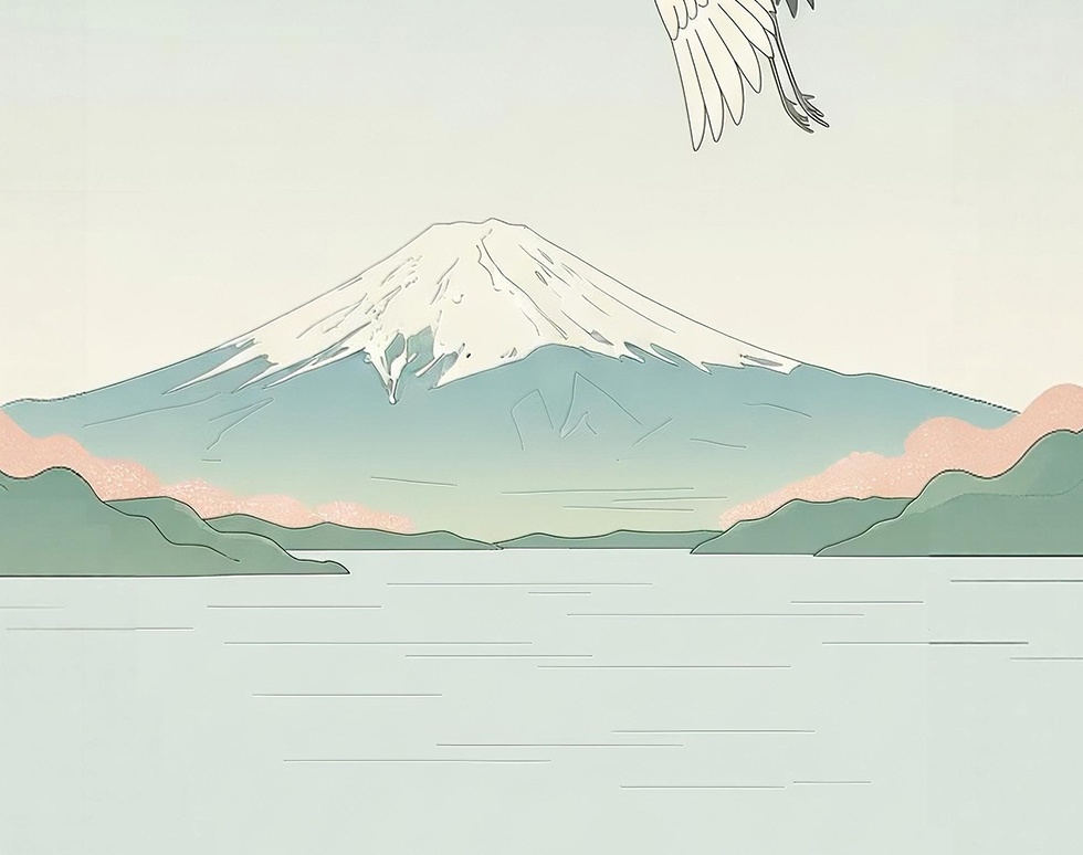 吉兆を運ぶ白鶴と富士山