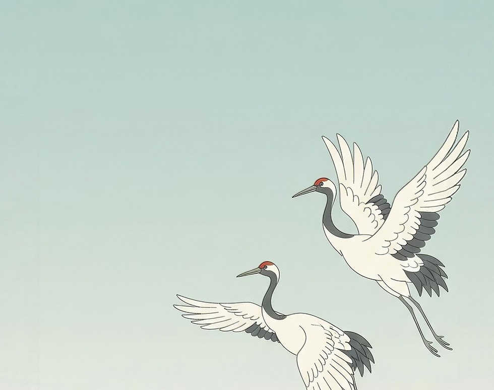 吉兆を運ぶ白鶴と富士山