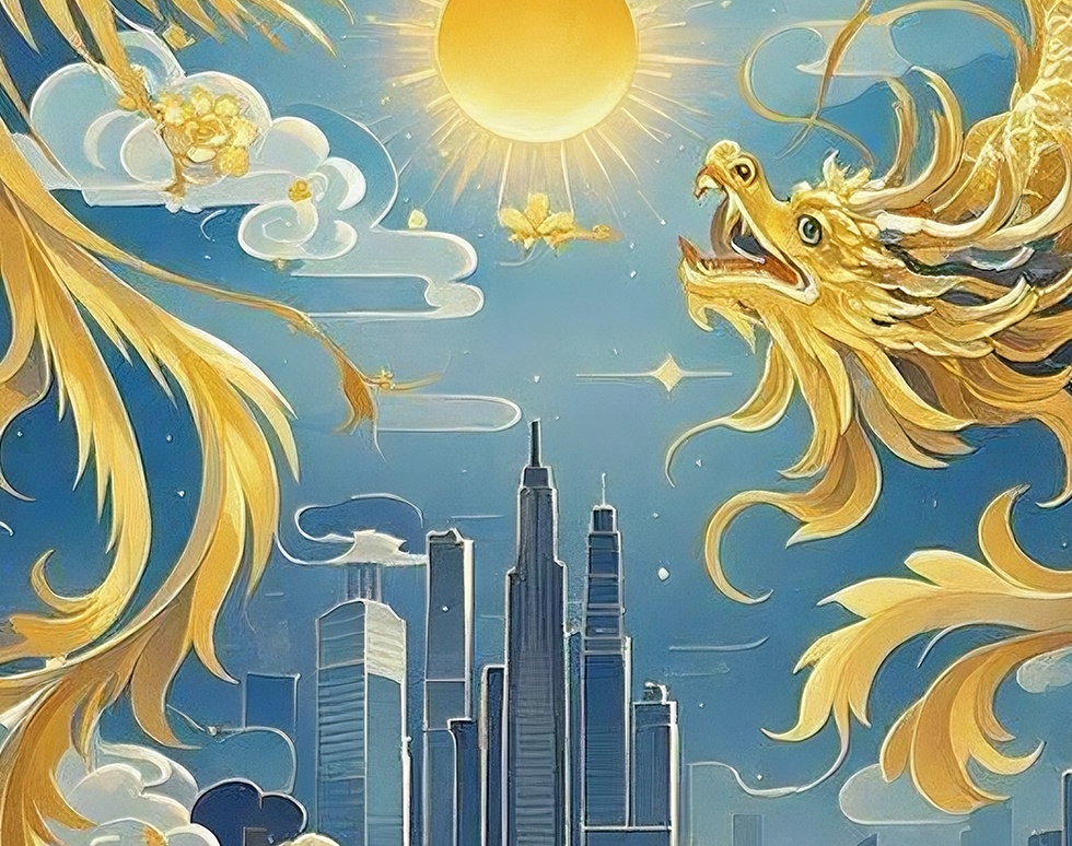 都市を守護する鳳凰と龍