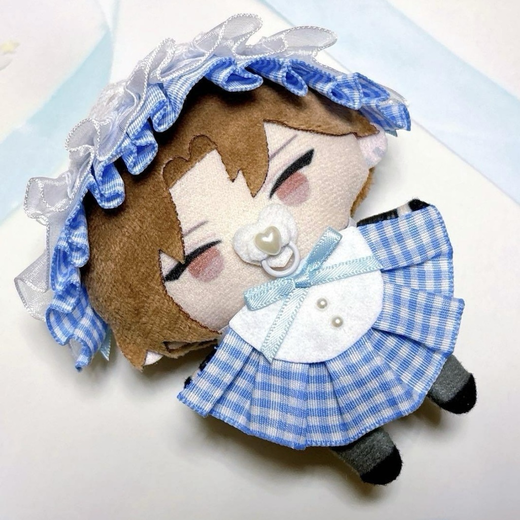 ぬい服 ヘッドドレス&スタイ 青 水色 チェック