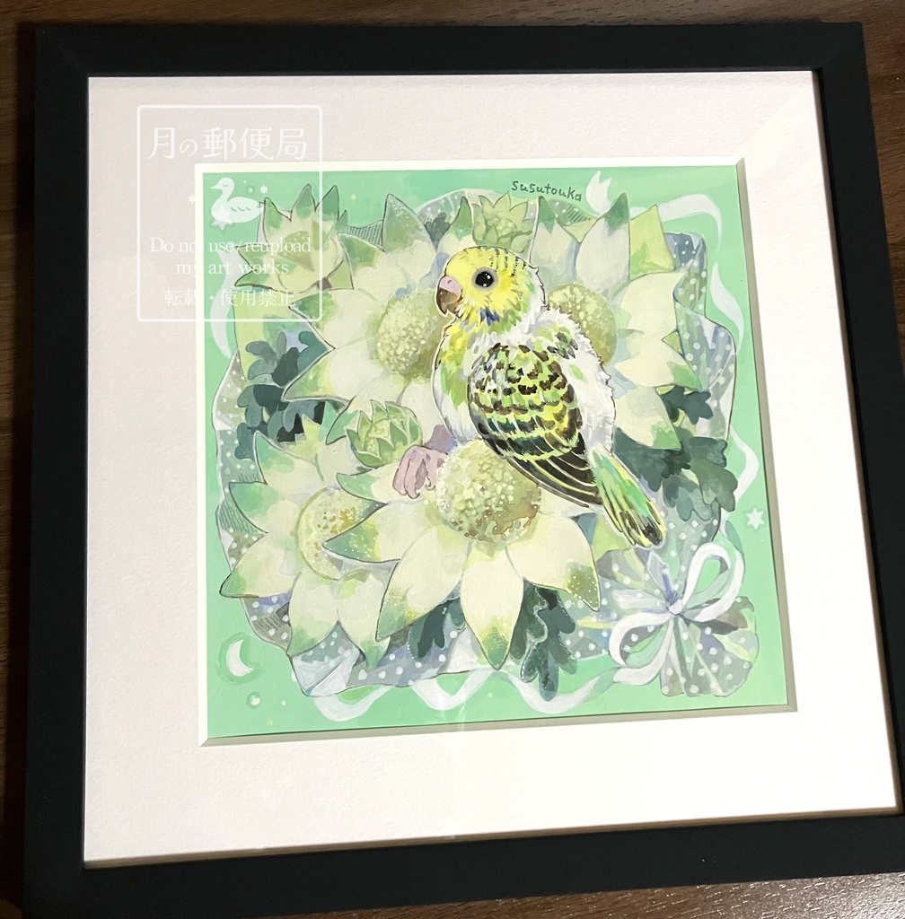 【額装済み原画】セキセイヒナと妖精の花のブーケ