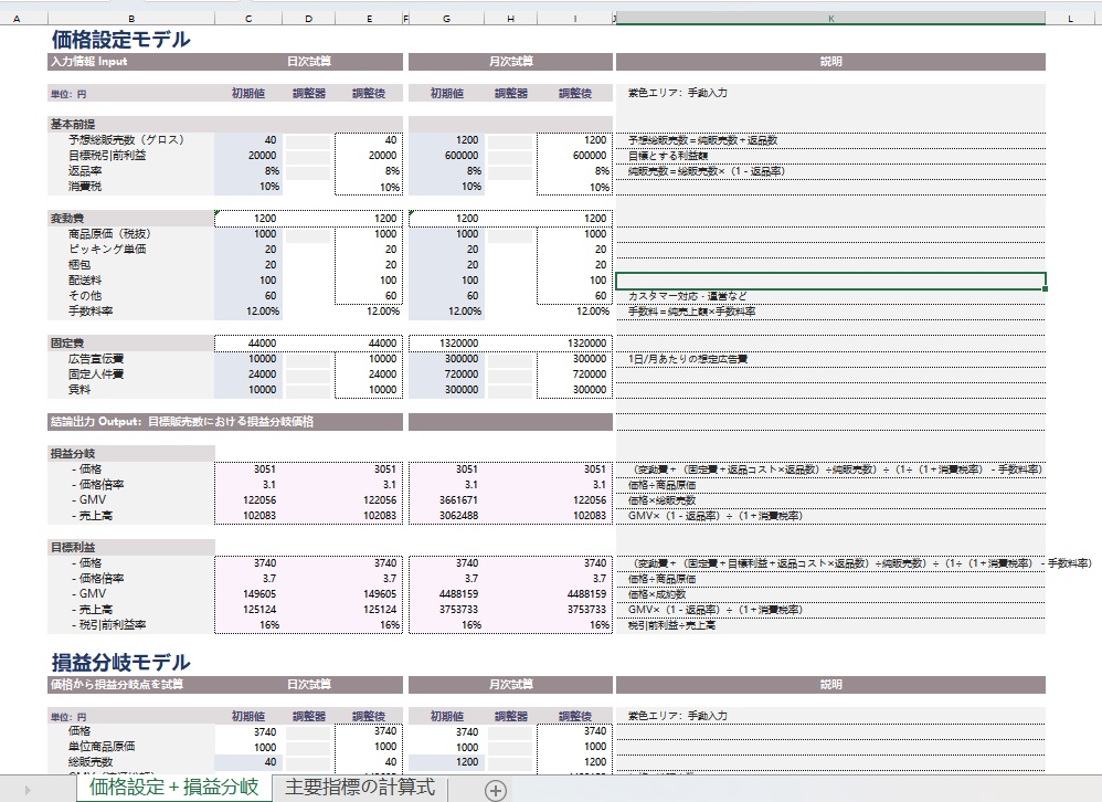 【Excel】EC価格設定モデル｜損益分岐と目標利益から適正価格を自動逆算
