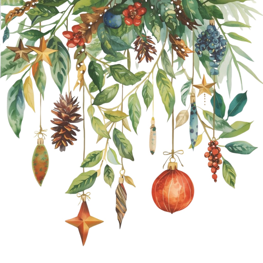 水彩画風 クリスマスボタニカル クリップアートセット|全14種|背景透過|Canva AI制作|おしゃれな冬の植物素材集(PDFダウンロード)