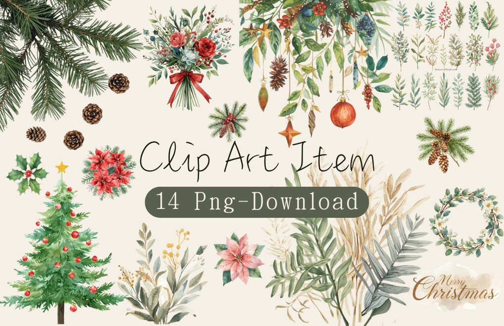 水彩画風 クリスマスボタニカル クリップアートセット|全14種|背景透過|Canva AI制作|おしゃれな冬の植物素材集(PDFダウンロード)