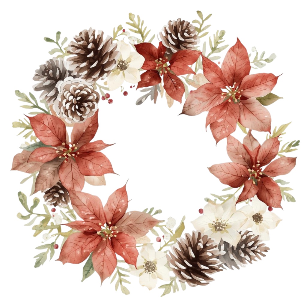 水彩画風 クリスマスフラワー クリップアート素材集(15種)|透過PNG・PDFダウンロード可 Watercolor Christmas Floral Clipart Set (15 Designs) | Transparent PNG & PDF Download
