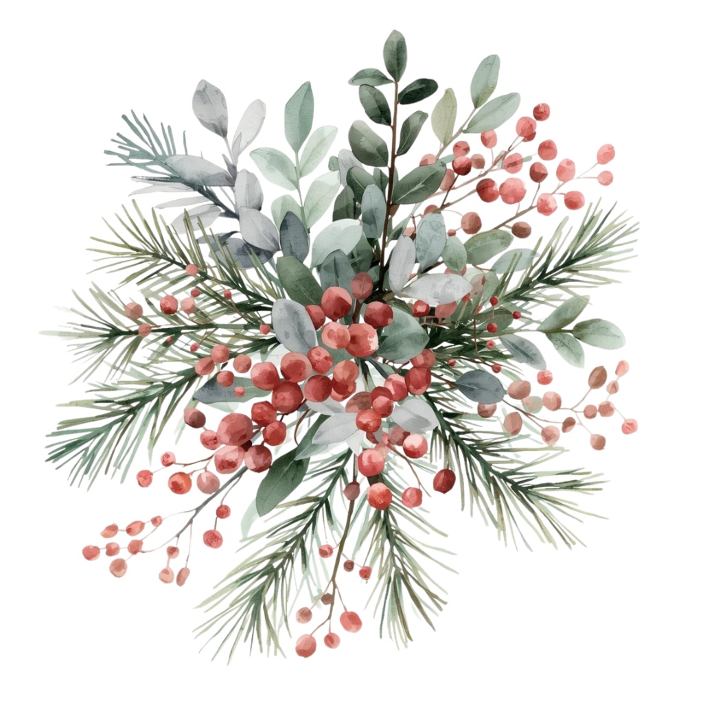 水彩画風 クリスマスフラワー クリップアート素材集(15種)|透過PNG・PDFダウンロード可 Watercolor Christmas Floral Clipart Set (15 Designs) | Transparent PNG & PDF Download