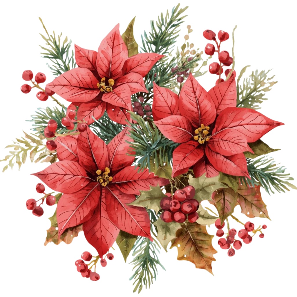 水彩画風 クリスマスフラワー クリップアート素材集(15種)|透過PNG・PDFダウンロード可 Watercolor Christmas Floral Clipart Set (15 Designs) | Transparent PNG & PDF Download