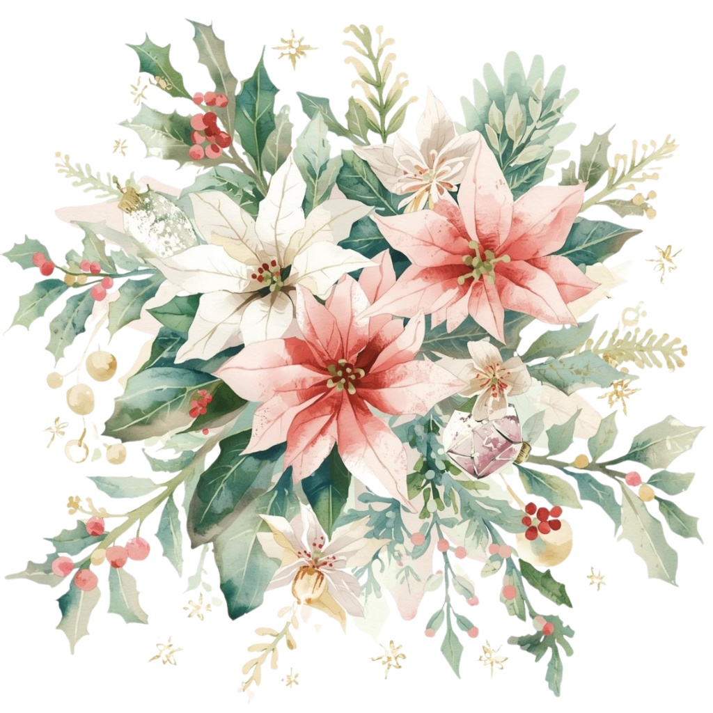 水彩画風 クリスマスフラワー クリップアート素材集(15種)|透過PNG・PDFダウンロード可 Watercolor Christmas Floral Clipart Set (15 Designs) | Transparent PNG & PDF Download