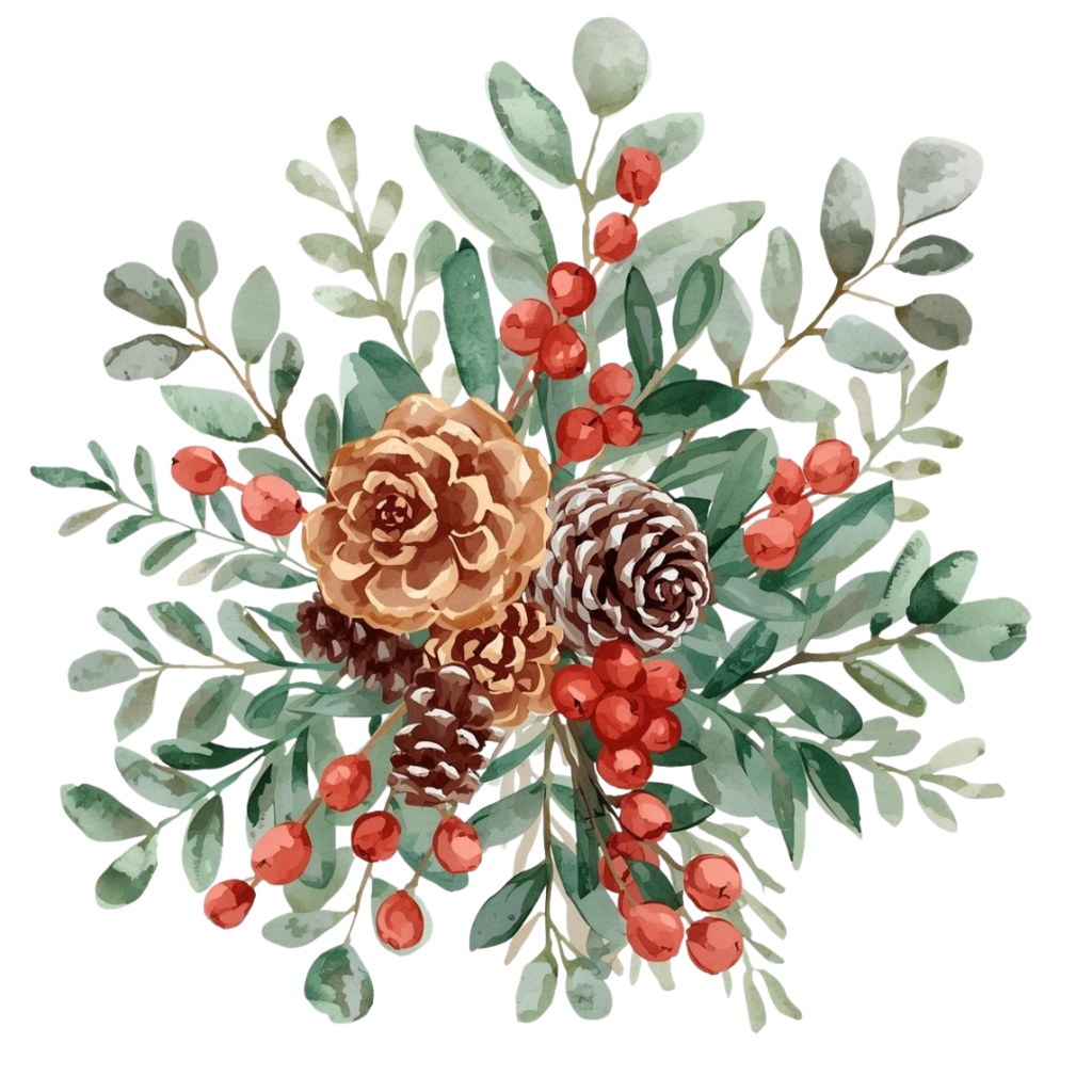水彩画風 クリスマスフラワー クリップアート素材集(15種)|透過PNG・PDFダウンロード可 Watercolor Christmas Floral Clipart Set (15 Designs) | Transparent PNG & PDF Download