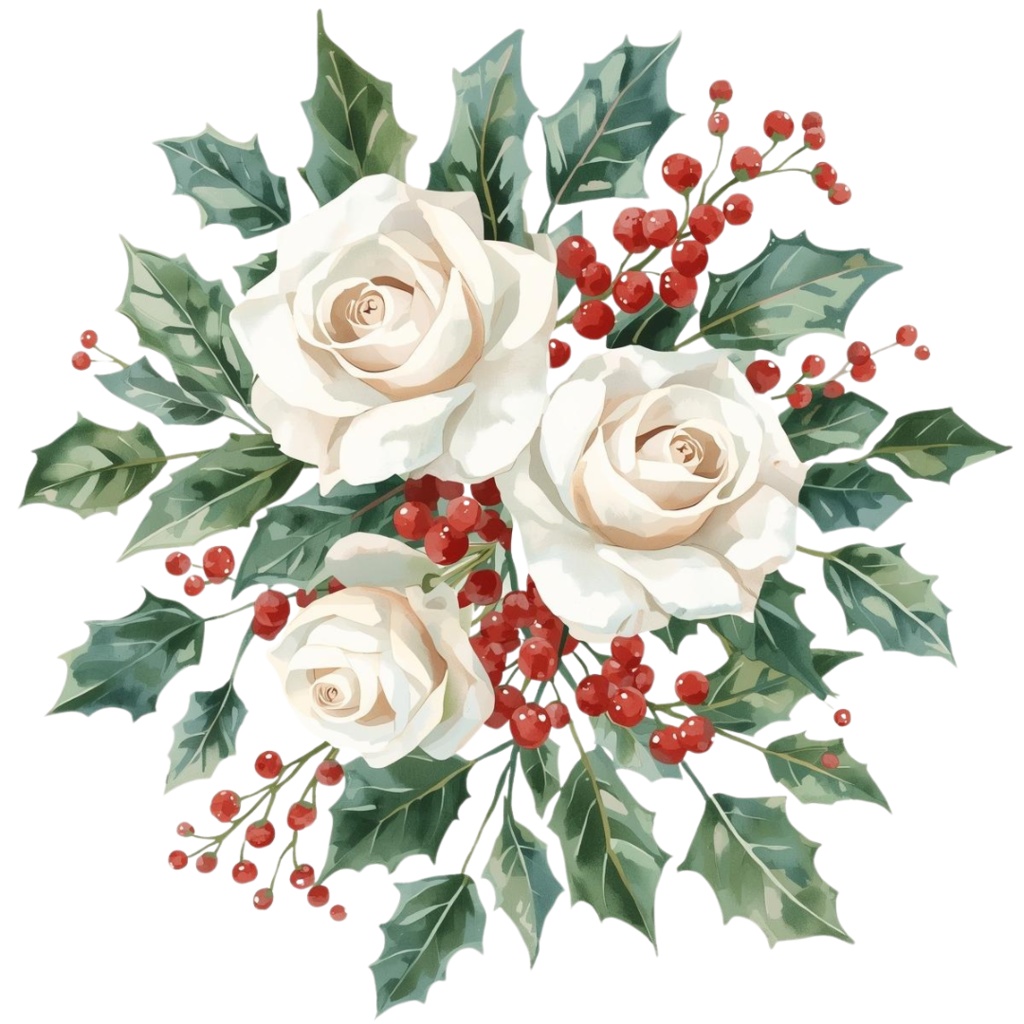 水彩画風 クリスマスフラワー クリップアート素材集(15種)|透過PNG・PDFダウンロード可 Watercolor Christmas Floral Clipart Set (15 Designs) | Transparent PNG & PDF Download