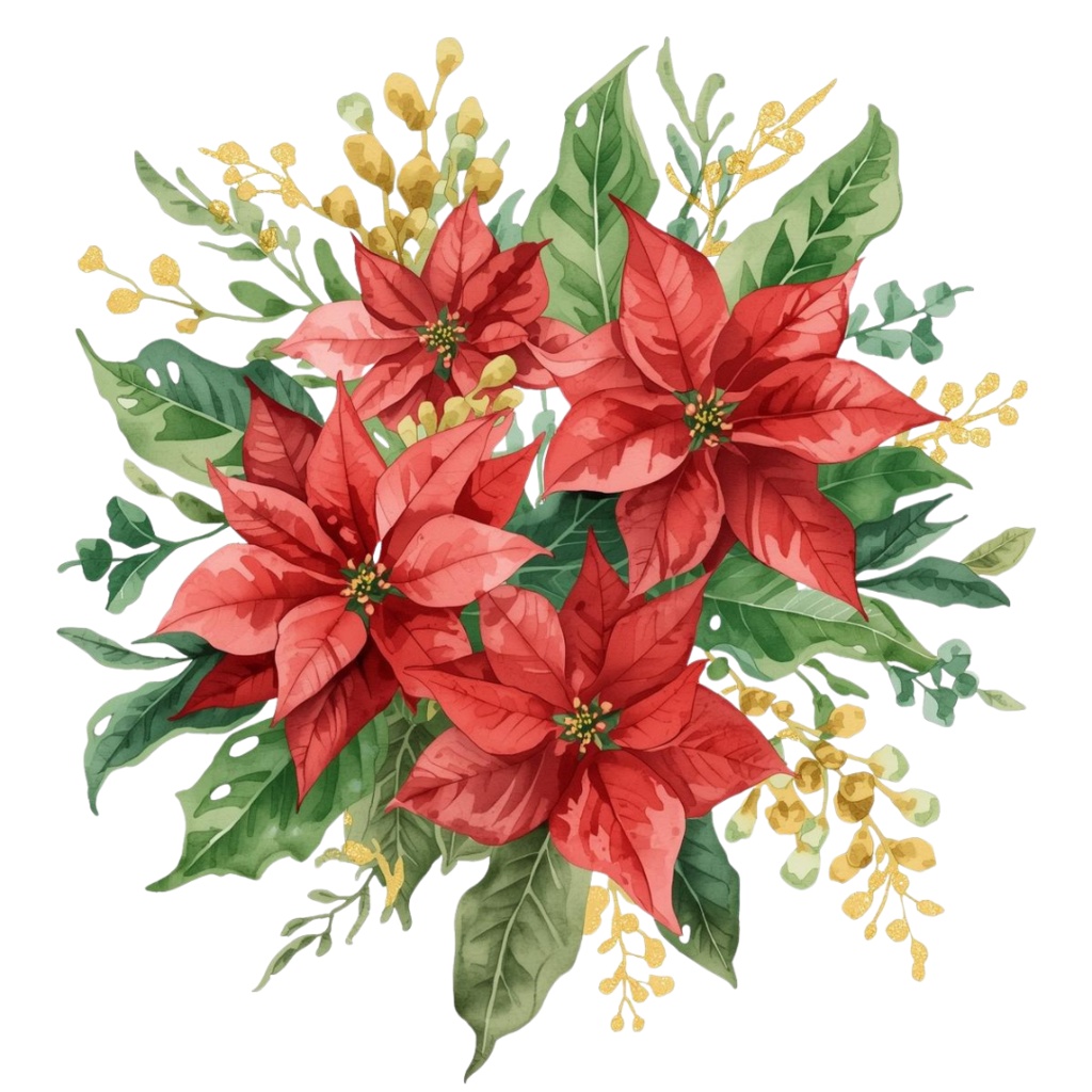 水彩画風 クリスマスフラワー クリップアート素材集(15種)|透過PNG・PDFダウンロード可 Watercolor Christmas Floral Clipart Set (15 Designs) | Transparent PNG & PDF Download