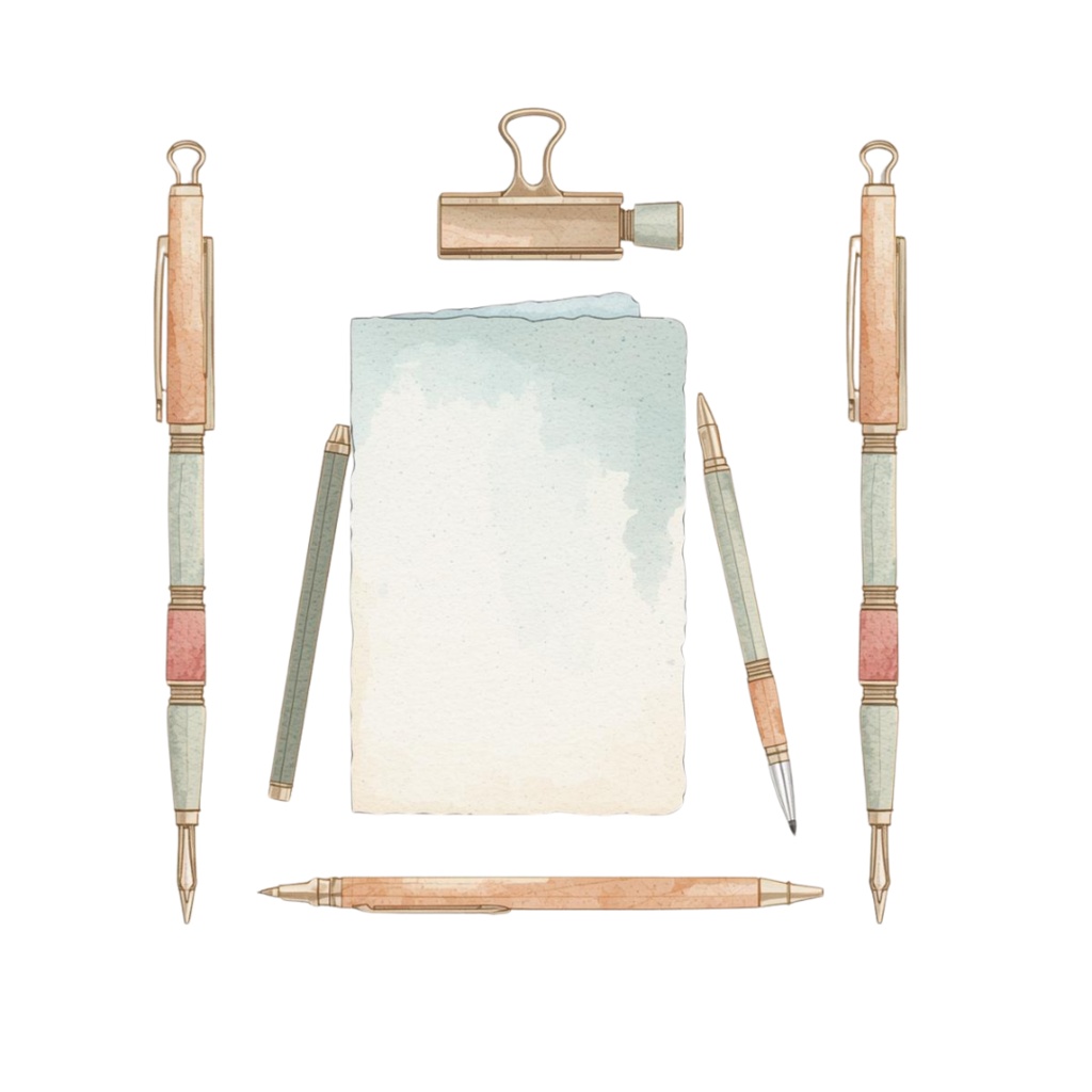 【商用利用OK】水彩画風オフィスツールクリップアートセット|お洒落な仕事道具イラスト12点(PNG透過)