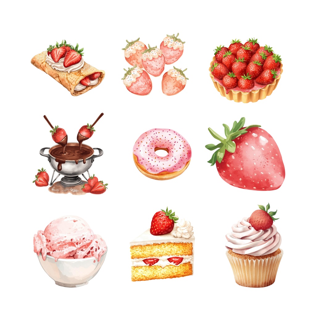 いちごスイーツ水彩クリップアート18点セット|Strawberry Dessert Clipart|背景透過PNG素材|Canva AI生成