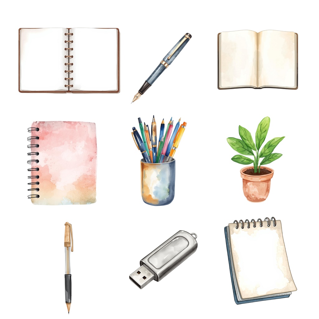 デスク&文房具クリップアート18点|オフィス素材・Notebook・PC素材|背景透過PNG|Canva AI生成