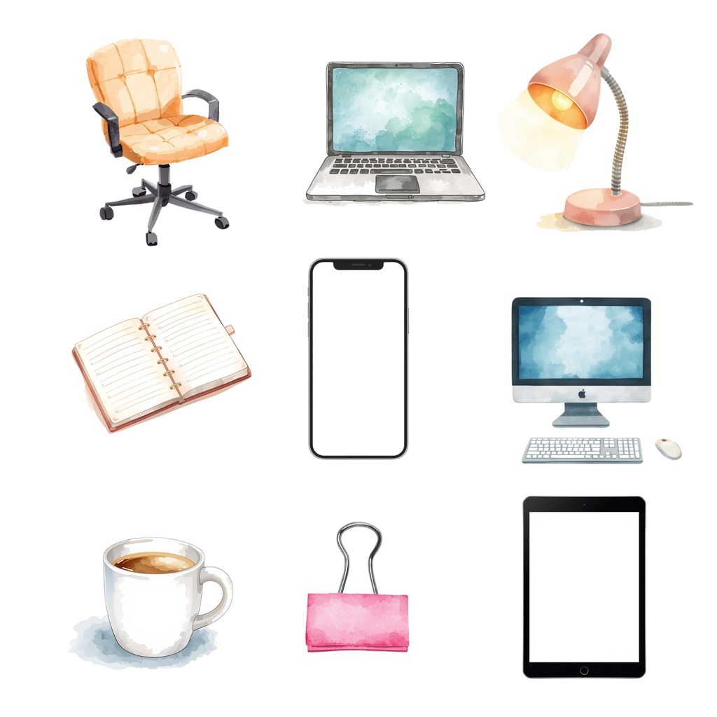 デスク&文房具クリップアート18点|オフィス素材・Notebook・PC素材|背景透過PNG|Canva AI生成