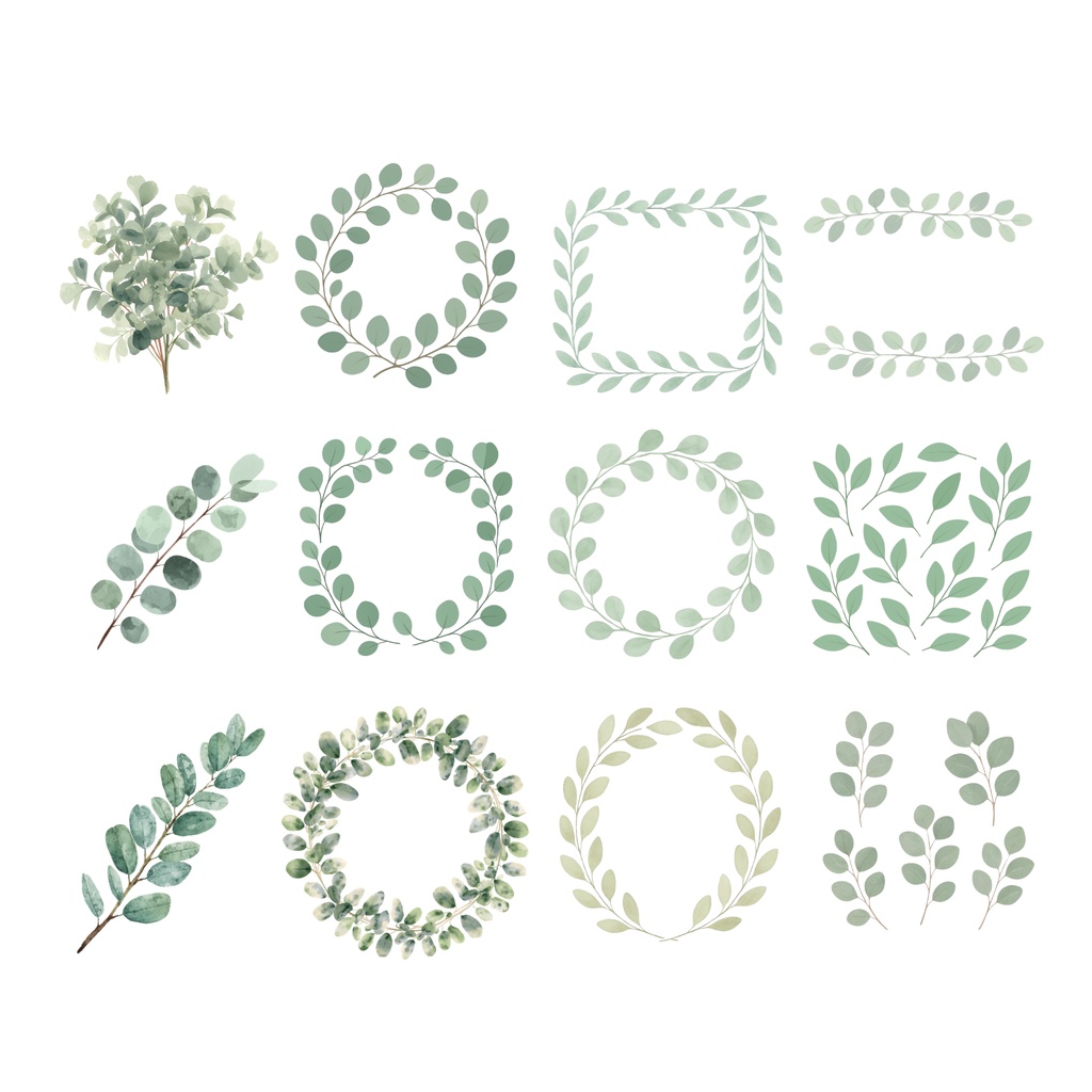 ナチュラルユーカリ水彩クリップアートセット|24点|透過PNG|Eucalyptus Clipart|Neutral Botanical