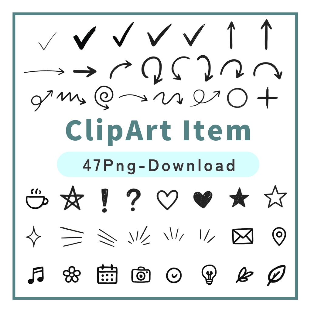 手書き風クリップアート素材集｜チェック・矢印・アイコン47点｜デジタルプランナー・ノート用PNG
