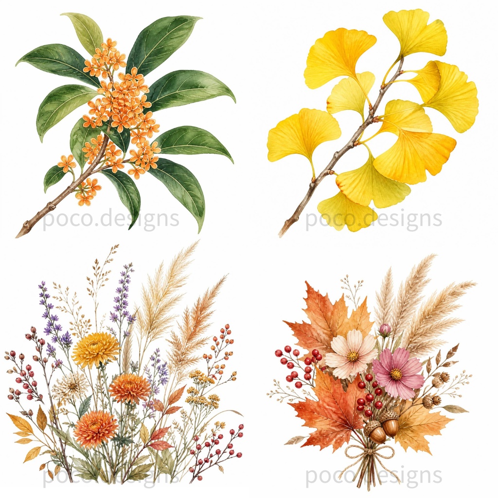 【透過PNG】秋の植物・草花の水彩イラスト素材集 23点【商用利用可】