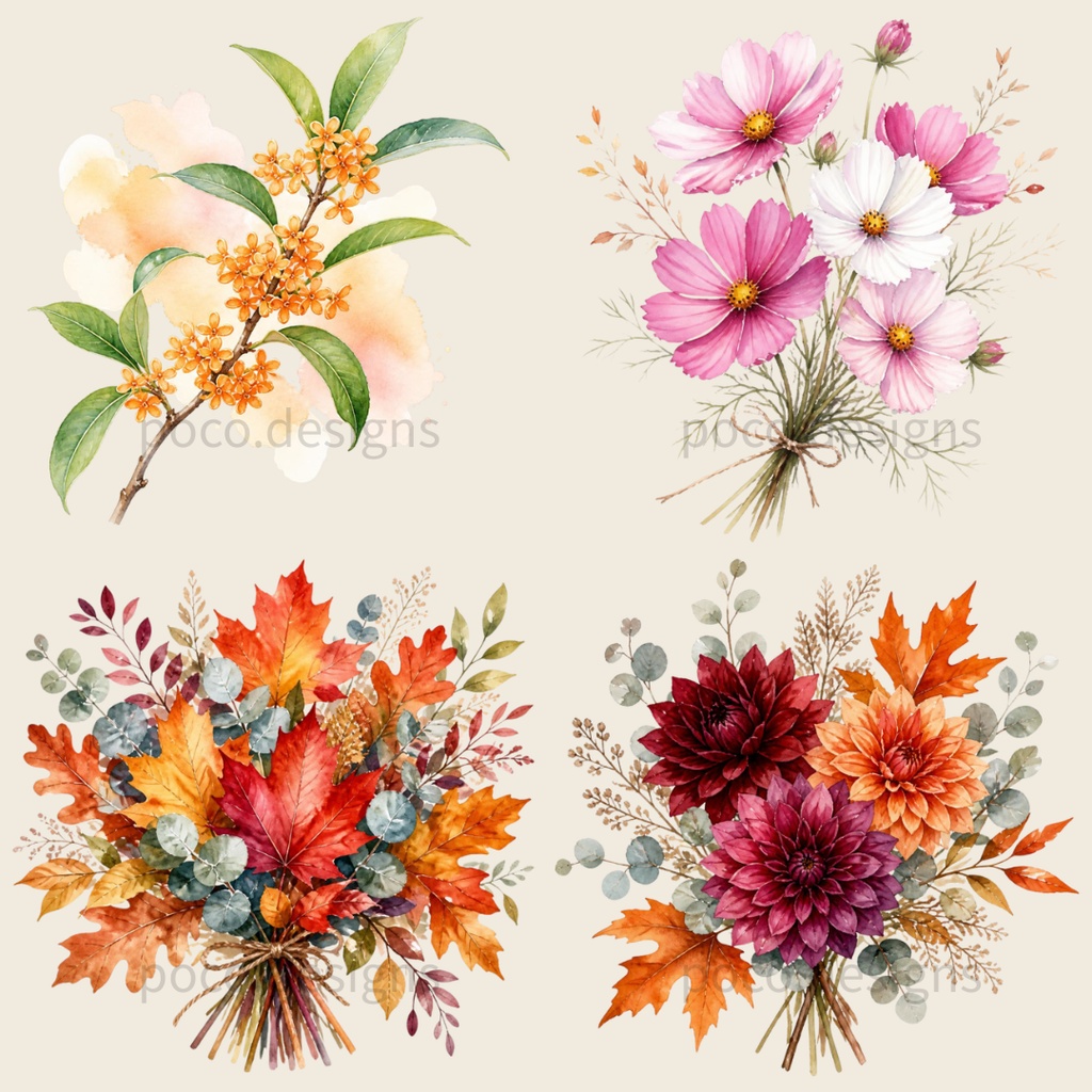 【商用利用可】水彩画風 秋の植物と果実のクリップアート 20選(PNG背景透過)