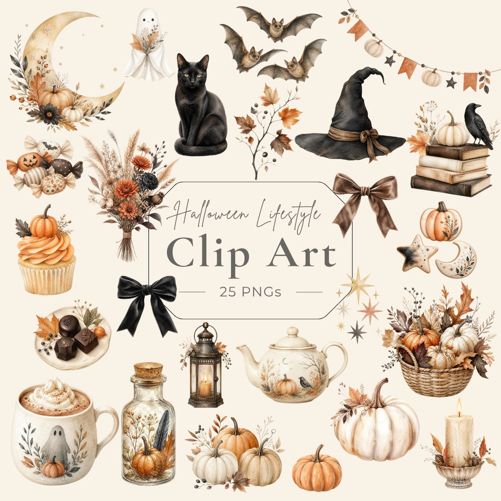 大人ハロウィン|水彩クリップアート 25点|Halloween Lifestyle Clip Art|PNG素材