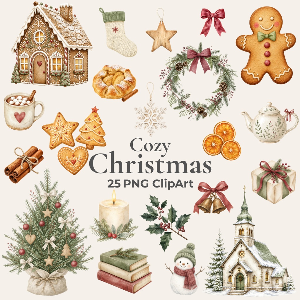 Cozy Christmas｜水彩クリスマスのクリップアート25点セット・透過PNG
