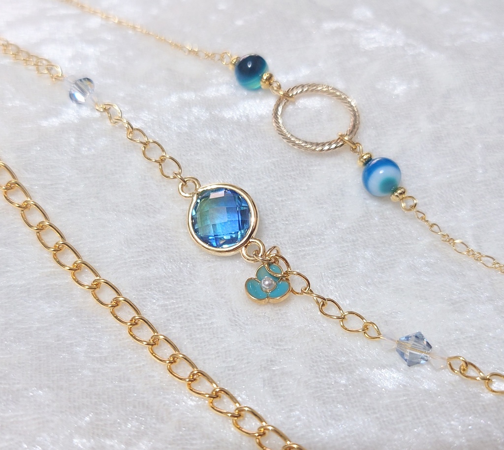 蒼と暁色の3連クリスタル・チェーンブレスレット