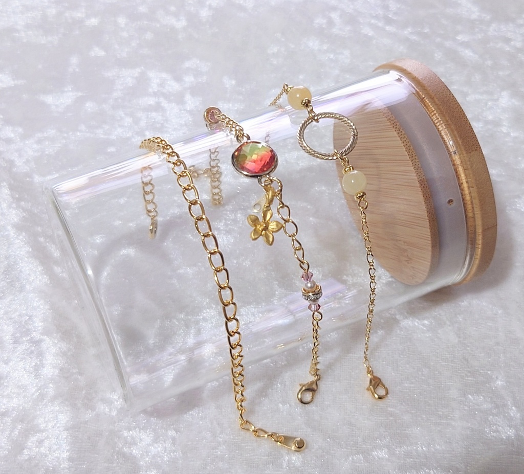 蒼と暁色の3連クリスタル・チェーンブレスレット