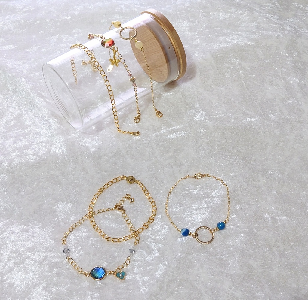 蒼と暁色の3連クリスタル・チェーンブレスレット