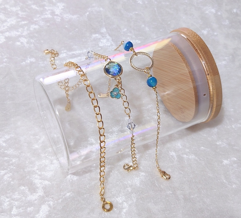 蒼と暁色の3連クリスタル・チェーンブレスレット