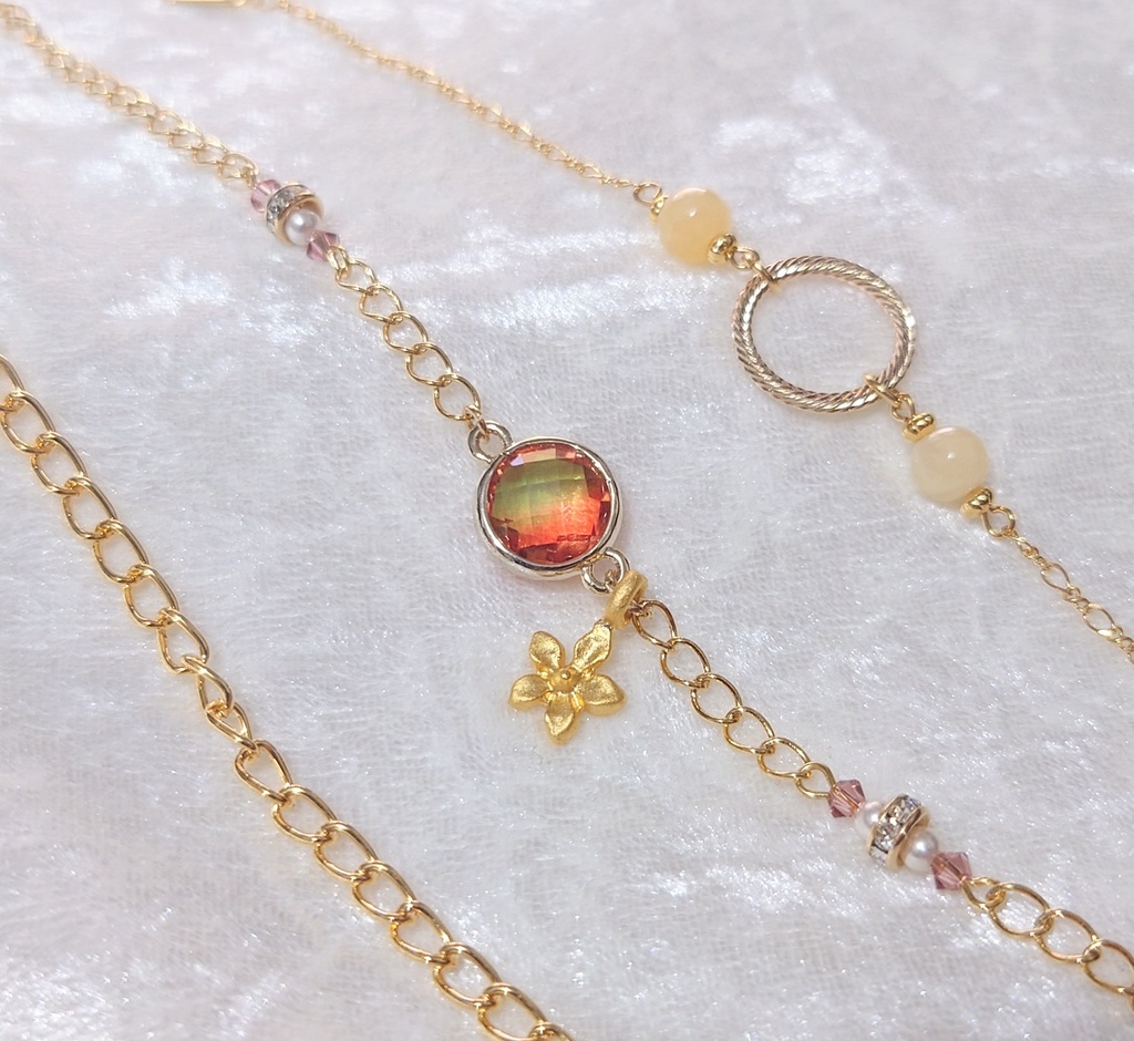 蒼と暁色の3連クリスタル・チェーンブレスレット