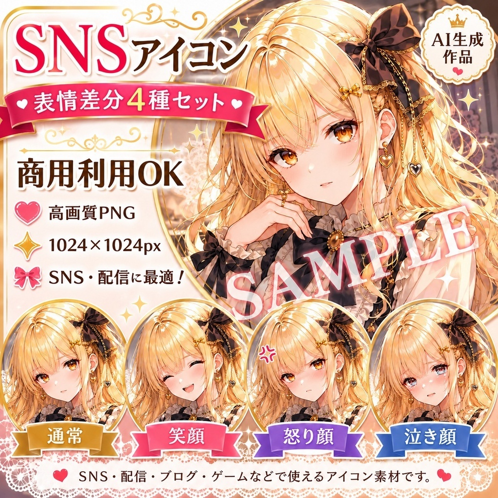 【SNSアイコン】金髪少女 表情差分4種セット