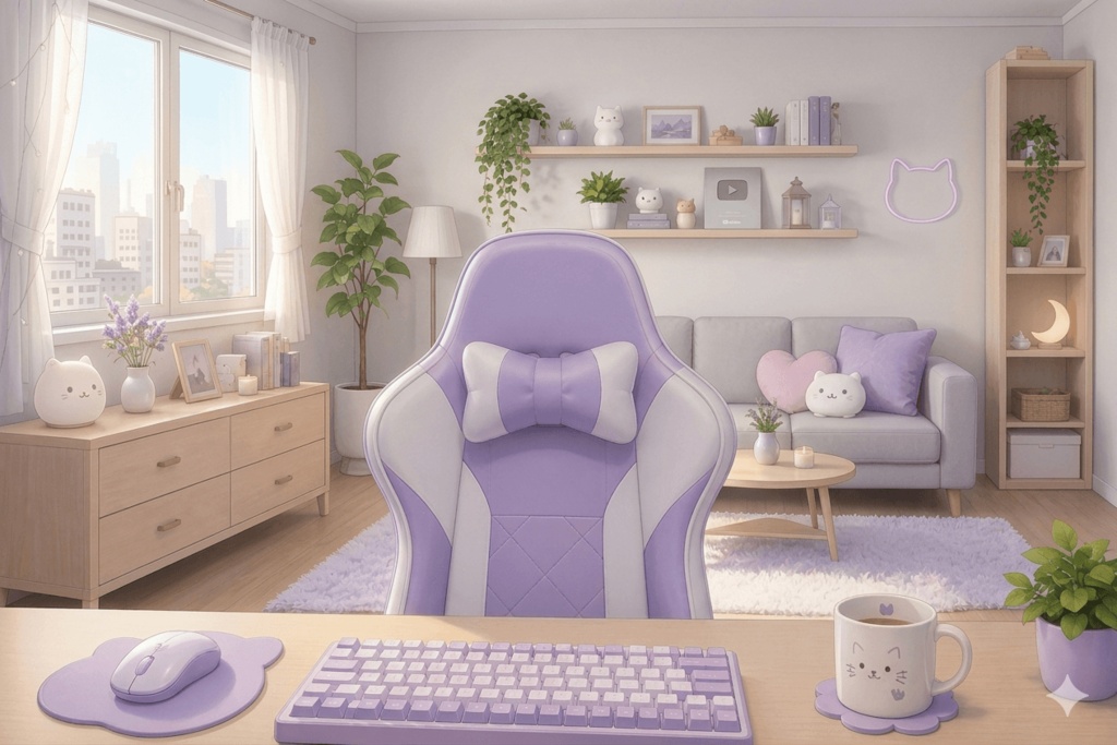 【配信背景素材】お部屋素材 パープルルーム 昼・夜2枚セット 【商用利用OK】