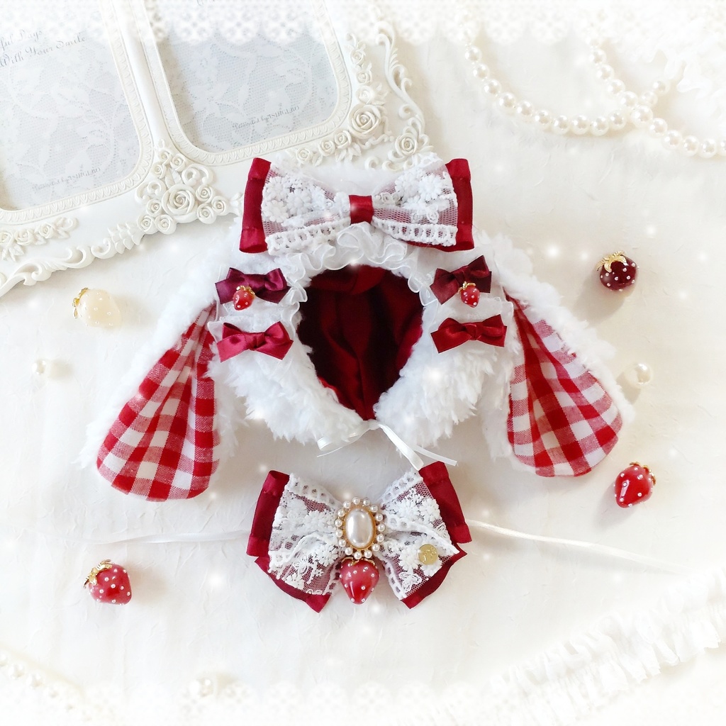【頭囲25〜27cm】Strawberry Party ギンガムチェックの垂れ耳うさぎちゃん