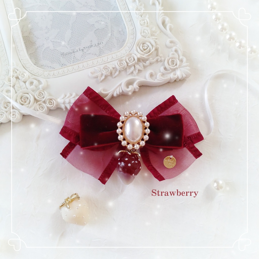 【頭囲25〜27cm】Strawberry Party ボルドーベロアリボンの白猫ちゃん